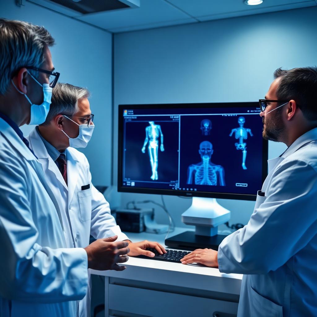 Clinicians reviewing DEXA bone density scan results in a research laboratory
